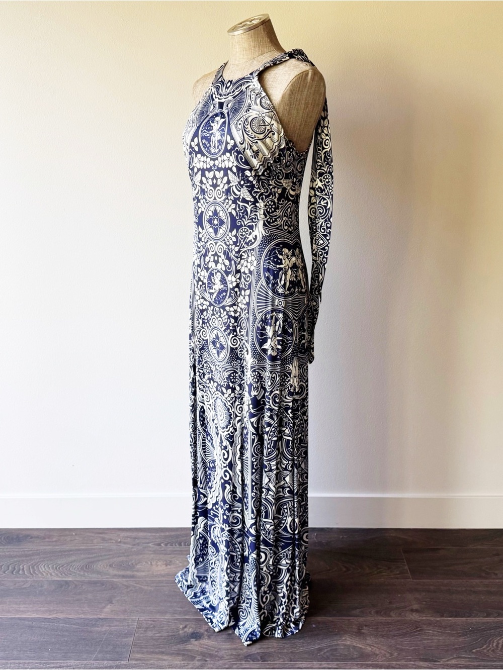 Mary Katranzou Full Length Blue and White Dress with Shoulder Tie